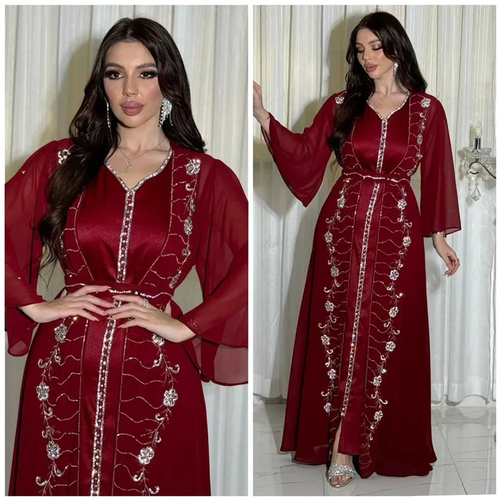 Autumn Fashion Muslim Dresses for Women Muslim Long Sleeve V-neck Party Evening Long Abay Dress Suit Inner and Abaya Outfits.
