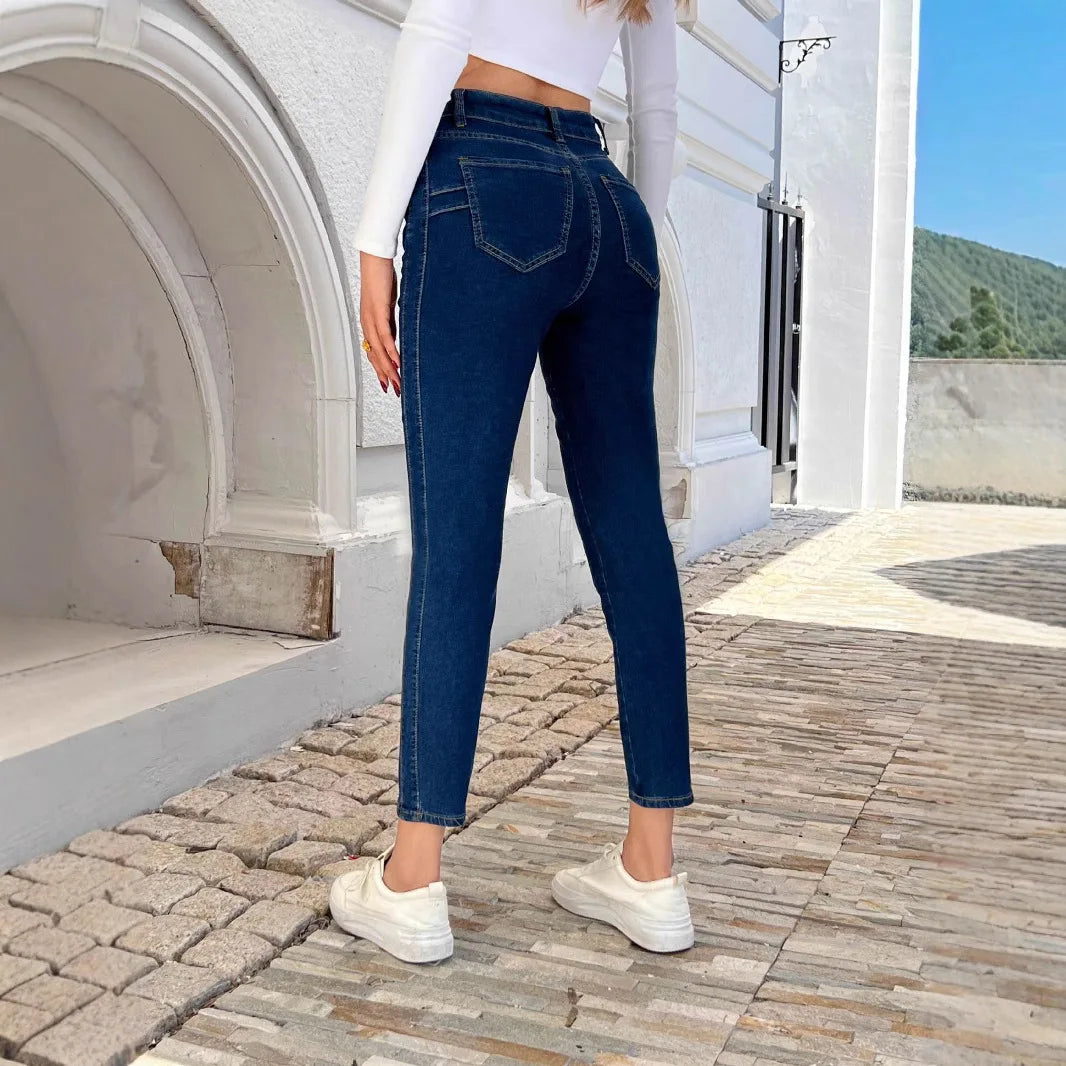 Europe and The United States Women's New Skinny Stretch Small Leg Jeans Four Seasons Simple Casual Denim Nine-point Pants Women.