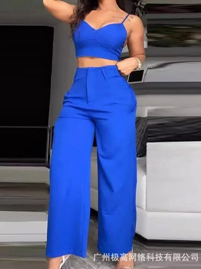 Summer Sexy 2 Piece Set Women V-Neck Strap Shirred Slim Crop Top & Lace-up Wide Leg Pants Sets Elegant Holiday Lady Suit.