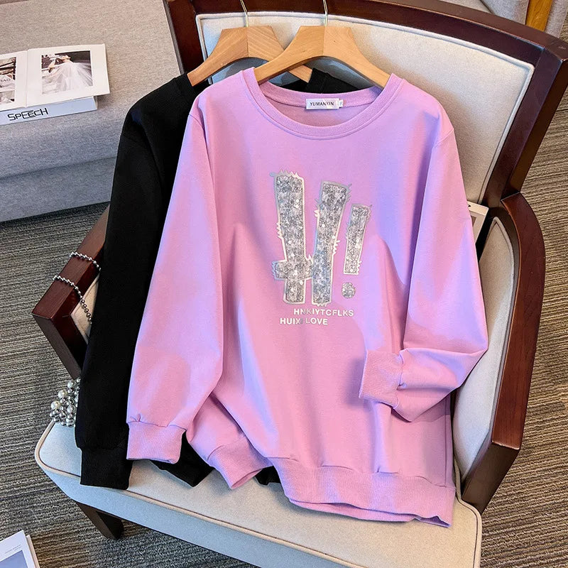175kg plus size Damen büste Frühling Herbst loser Rundhals ausschnitt Langarm bedrucktes Sweatshirt schwarz lila 5xl 6xl 7xl 8xl 9xl.