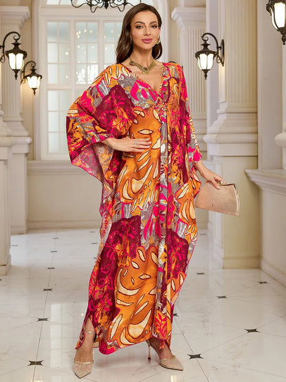 Kaftan-Kleider für Damen, Wellenhals-Badeanzug, Überwurf, Kaftan-Kleid, Übergröße, übergroßes langes Strandkleid.