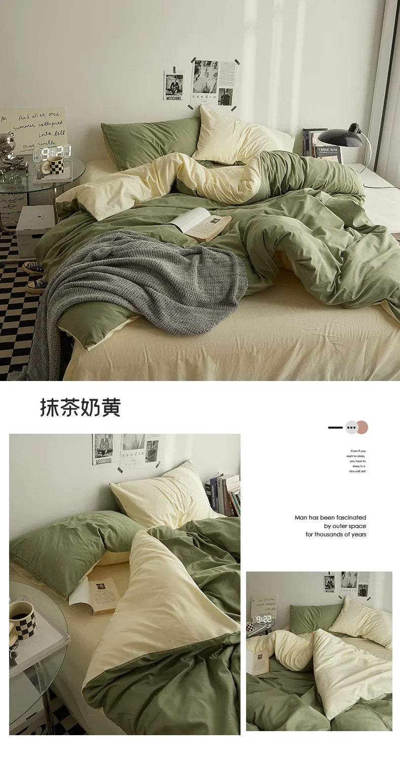 High Quality Solid Color Double Washed Cotton Bedding 4 Pieces Set Student Dormitory Bed Linen Duvet Set Bed Suit.