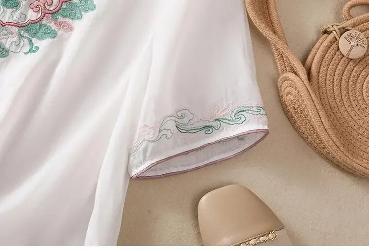 Retro Chinesischen Stil Lose Fit Baumwolle Leinen Kurzarm Shirt frauen Sommer Schwere Stickerei Abnehmen Top Flagge Kleid.