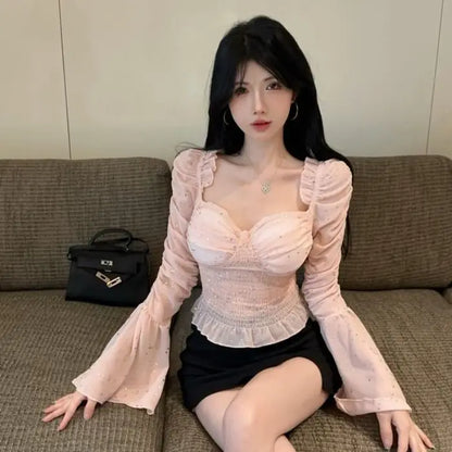 New Women's One Shoulder Flared Sleeve Top Pink Sweet and Spicy Top Niche and Unique Shirt.