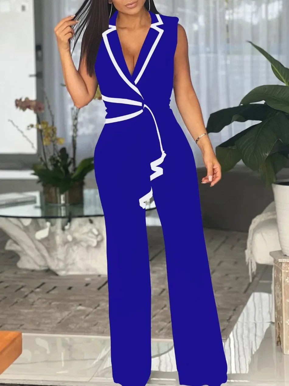 Women's Overalls Outfits Full Length New Fashion 2025 Summer V Neck Elegant Sleeveless Office Lady Jumpsuit Wide Leg Pants.