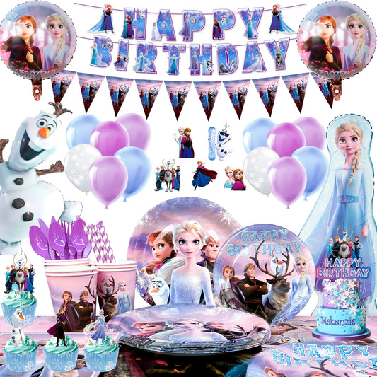 Disney Frozen Geburtstagszubehör, 184 Stück Frozen Birthday Dekorationen und Geschirr-Set – Tellerballons, Banner usw. Frozen Party Decorati.