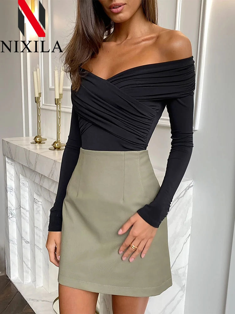 New Summer One Shoulder Jumpsuit Women‘s Bodysuit Long Sleeve Bodycon Tops Sexy Off Shoulder Skinny T-Shirts Playsuits for Women.