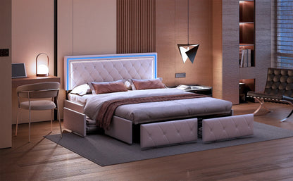 Rosahqnda Modernes Kunstlederbett mit Schubladen, stilvolles Doppelbett aus Kunstleder mit Stauraum, ohne Matratze