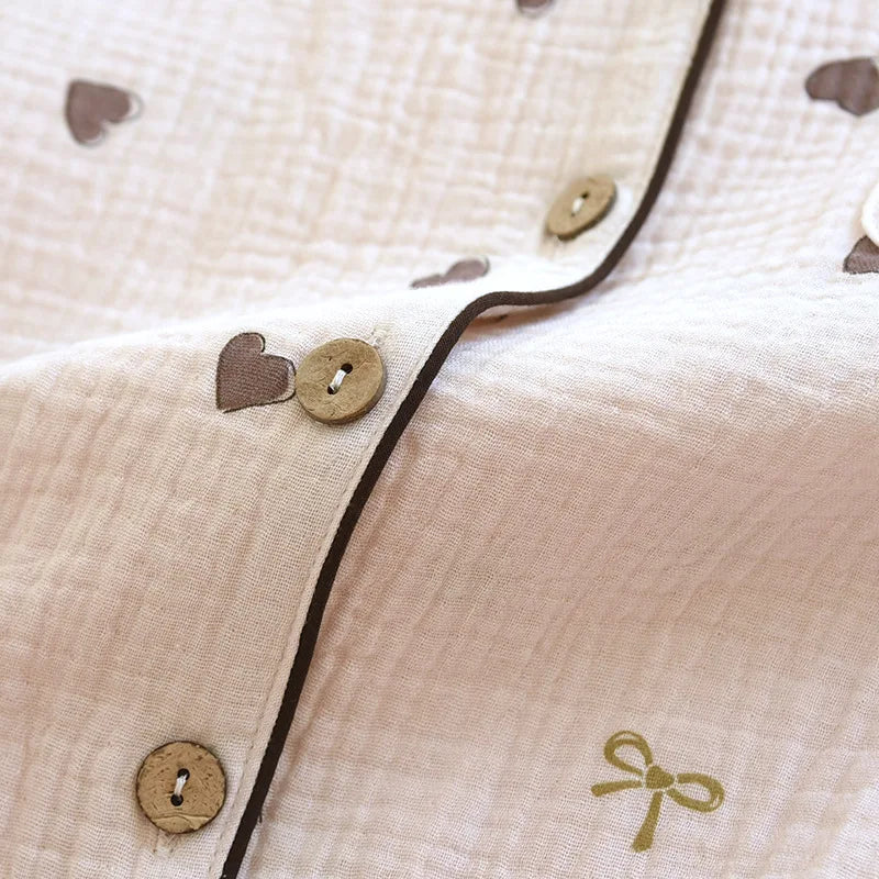 2025 neue Frühjahr/Sommer frauen Pyjama Set 100% Baumwolle Crepe Nette Liebe Langarm Lange Hosen Zwei Stück set Strickjacke Hause Kleidung.