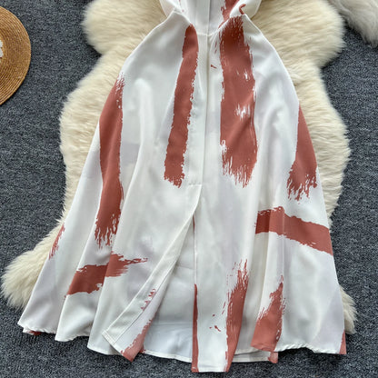 Neue Sommer Druck Süße Kleid Träger O Neck Backless Split Elegante Damen Urlaub Strand Party Midi Sommerkleid