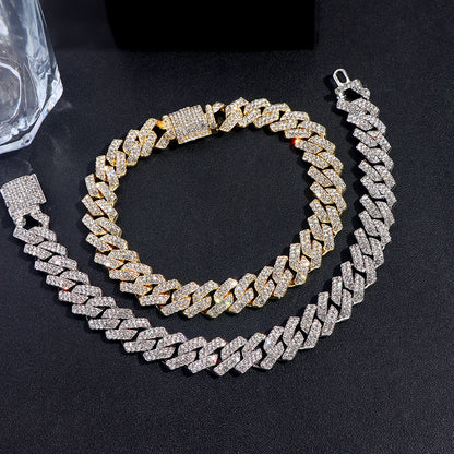 14MM Iced Prong Link Cuban Chain Bracelets for Men Women Full Rhinestones Chunky Miami Cuban Bracelet Punk Hip Hop Jewelry Gift.