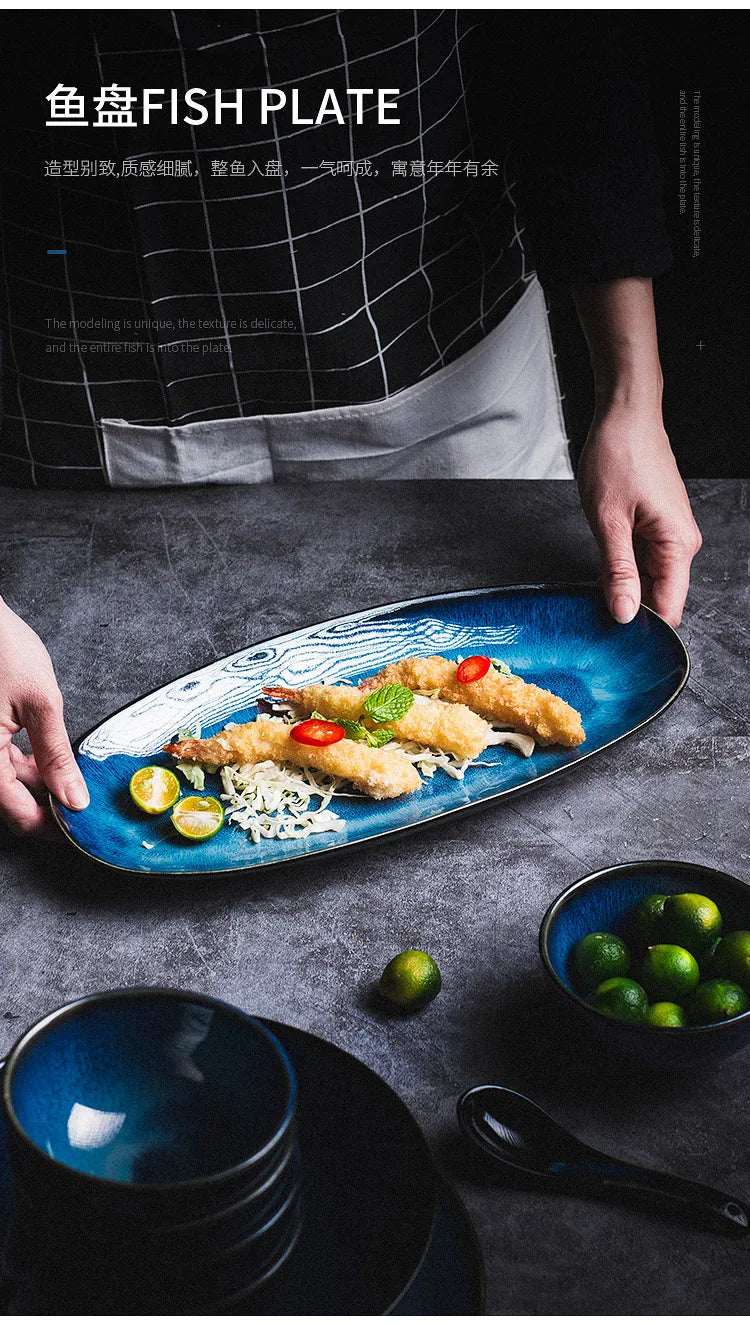 Japanese Blue Kiln Change Ceramic Tableware American Tableware Retro Household Dishes Set Rice Bowl Dishes Restaurant Plate.