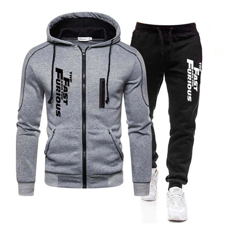 Autumn Winter Popular Mens Tracksuit Zipper Hooded Jacket+Running Pants 2 Piece Set Fast and Furious Print Casual Coat Clothing.