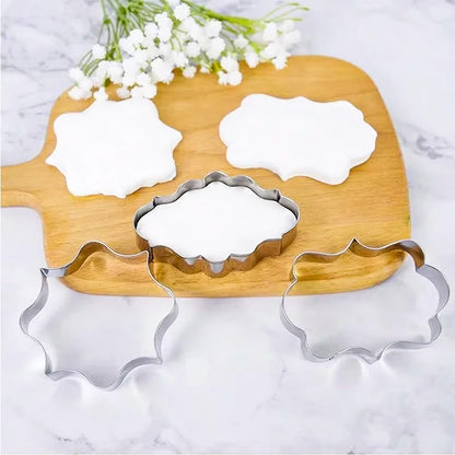 FAIS DU 4Pcs Stainless Steel Cookie Mold Stamper Nameplate DIY Biscuit Blessing Circle Flower Frame Cake Decoration Backware.