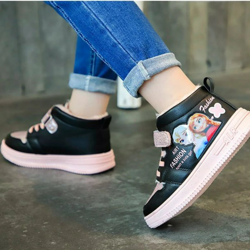 Disney Children Winter Ankle Snow Boots Cartoon Princess Elsa Frozen Pink Casual Shoes For Girls Warm Outdoor Shoes Size 26-37.