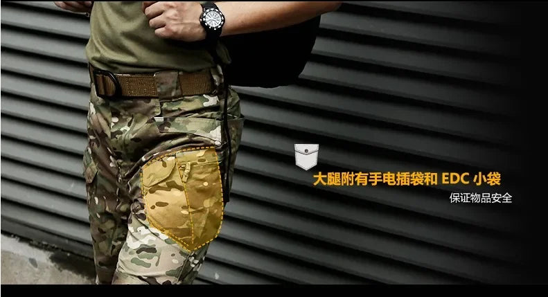 Autumn Tactical Sets Men Outdoor Breathable Short Sleeve Tshirt+Waterproof Straight Pant 2 Pcs Suits Camo Multi-pocket Cargo Set