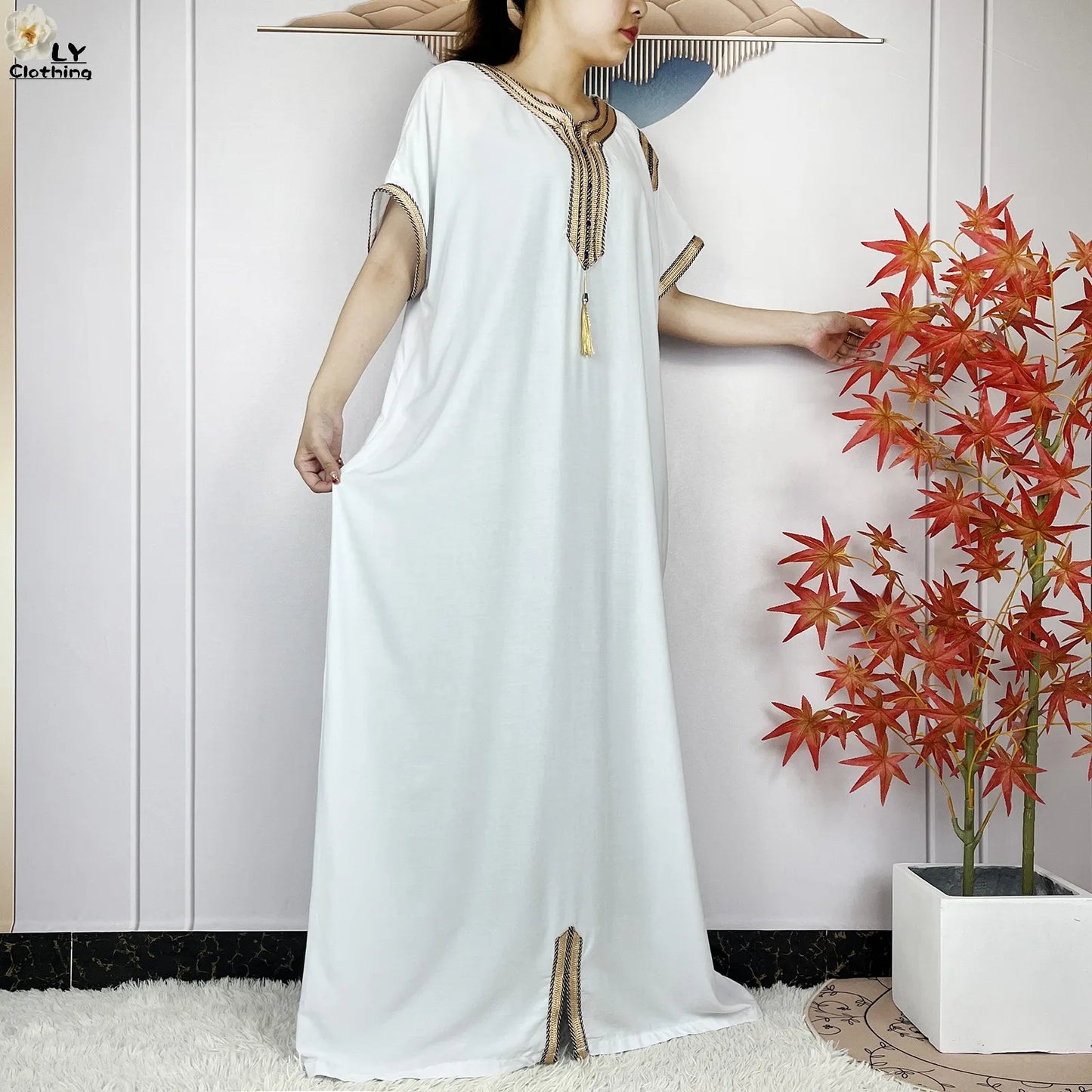 New Muslim Abayas Summer Short Sleeve African Dashiki Tassels Cotton Loose Caftan Lady Maxi Islam Casual Dresses With Headscarf.