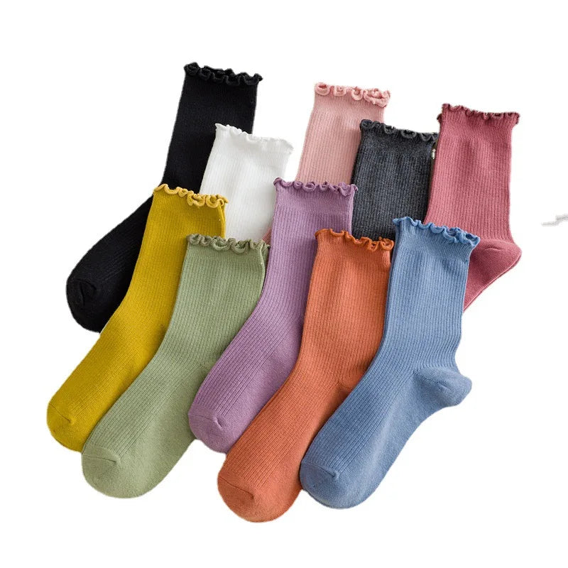 5 Pairs of Women's Solid Color Cotton Socks Japanese Style Ruffle Stacked Socks Cute Laciness Women's Long Socks.