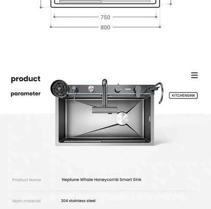Intelligent Waterfall Stainless Steel Kitchen Sink MultiFunctional Digital Display Porous Large Single Slot Wash Dish Basin