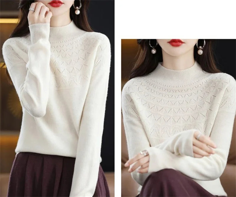 Neuer Kaschmirpullover für Damen, Herbst und Winter, 100 % reine Wolle, Hemden, Strickpullover, ausgehöhlte Strickwaren, weiche Pullover.