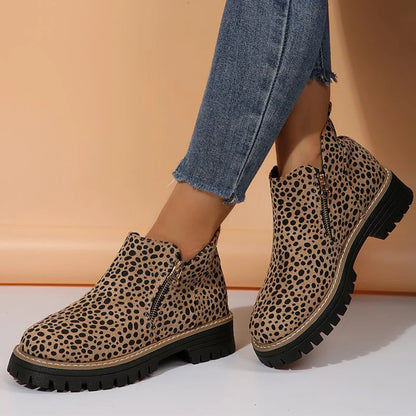 Fashion Leopard Ankle Boots for Women Plus Size 36-43 Zipper Up Booties Woman Spring Autumn Non Slip Platform Boots Mujer.