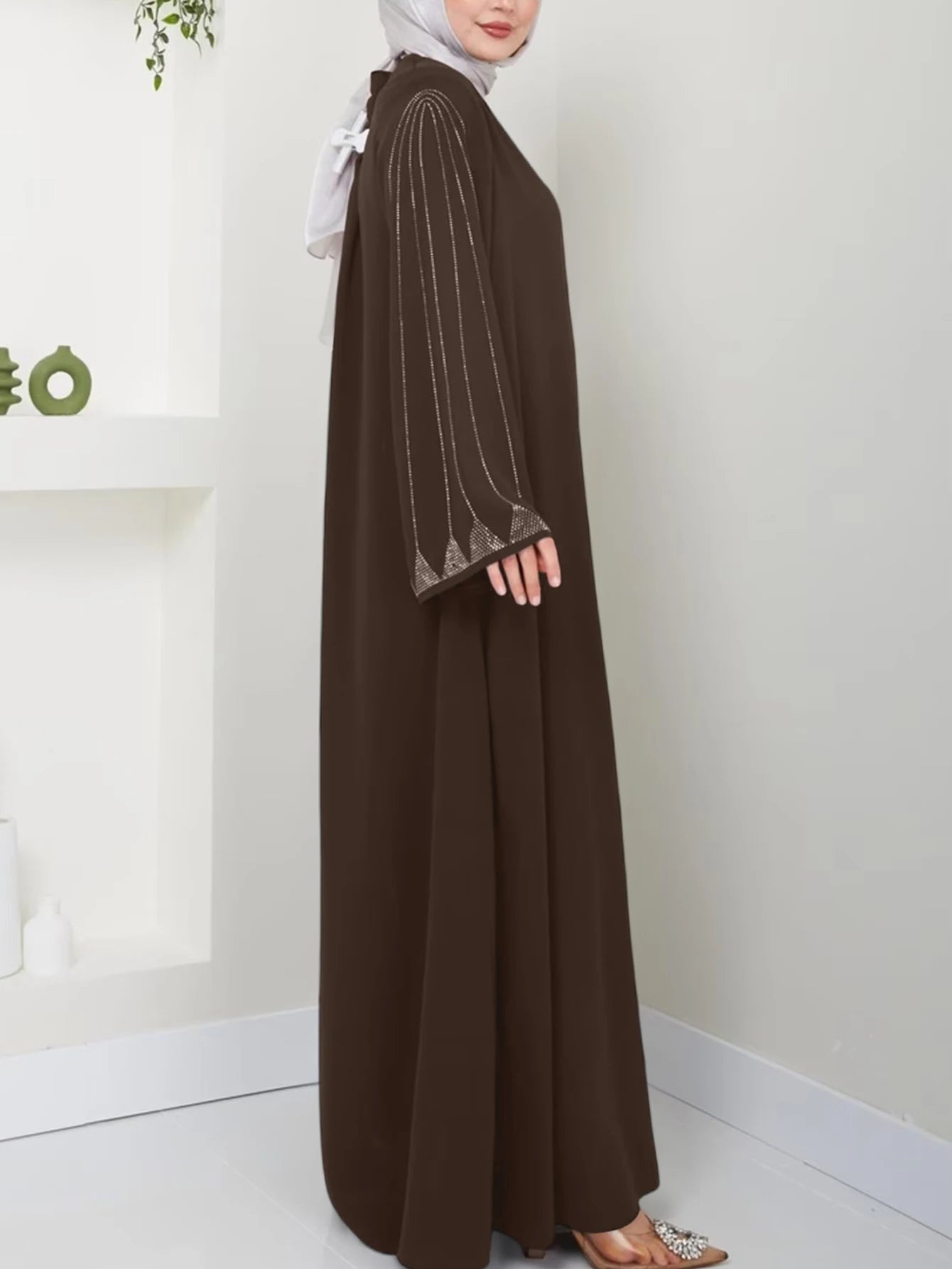 Muslim Fashion Women's Hot Diamond Long Sleeve Loose Coffee Style Elegant Dress.