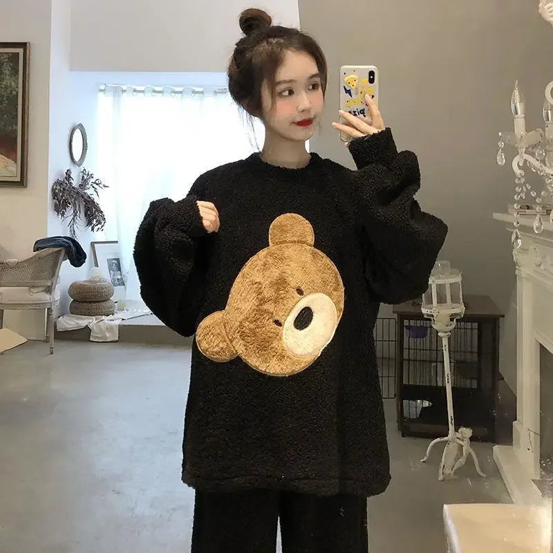 Thickened Warm Women Winter Two Pieces Set Flannel Homewear Pajamas O-Neck Loose Cute Cartoon Bear Ladies Sleepwear Loungewear.