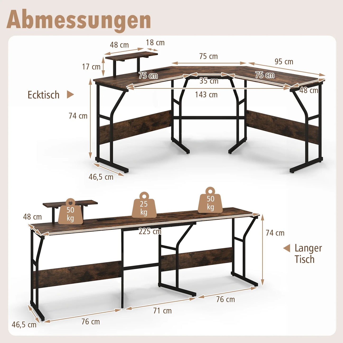 Schreibtisch L-Form, reversibler Eckschreibtisch mit Monitorständer und Ladestation, Ecktisch, Gaming Computertisch, Bürotisch