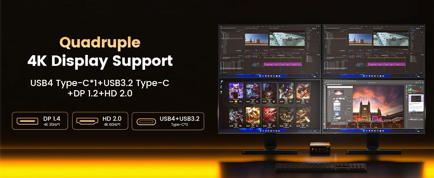 PELADN Gaming WO-4 Mini PC AMD Ryzen 5 7640HS(6 Cores，Up to 5.0GHz) 32GB Dual DDR5 1TB PCIe3.0 SSD Quadruple 4k Display support.