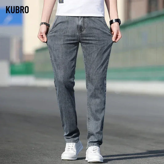 KUBRO 2024 Summer New Men's Loose Stretch Gray Jeans Fashion Casual Stretch Straight-leg Denim Pants Male Light Blue Brand.