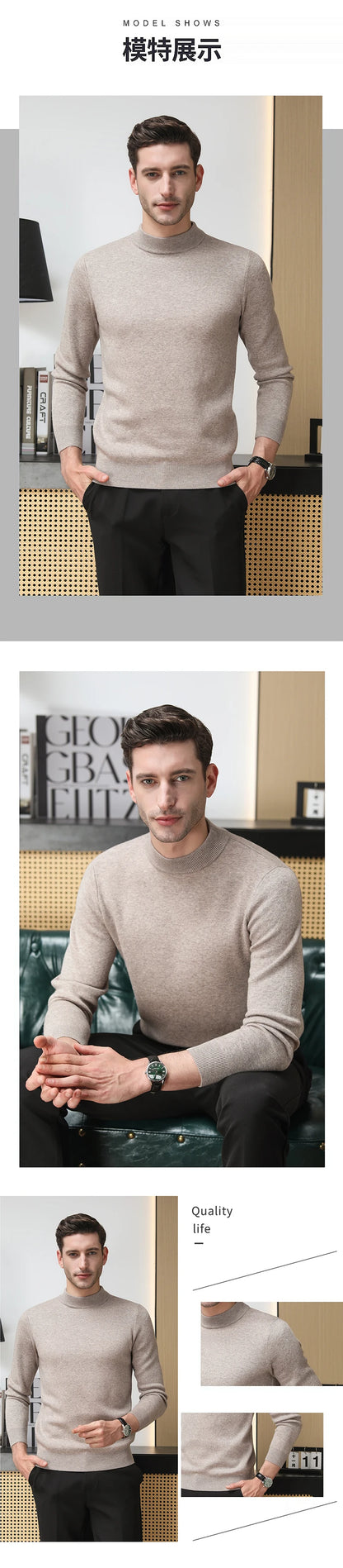 High End 100% Wool Thick New Autum Winter Fashion Brand Pullover Knit Half Turtleneck Business Sweater Casual Men Clothing.