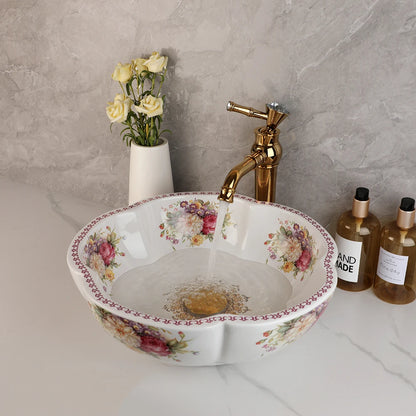 Kemaidi Keramik Bad Bar Waschtisch Waschbecken Wasserhahn Combo Blumen stil weiß über Theke Schüssel mit goldenen Mixer Wasserhähnen