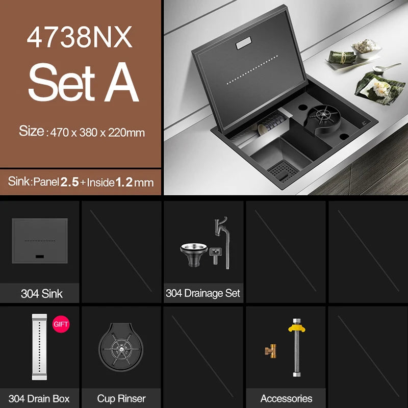 Nanometer Hidden Bar Island kitchen Sink 304 Stainless Steel Flip Cover Hidden Handmade Small Size kitchen Sinks With Cup Rinser