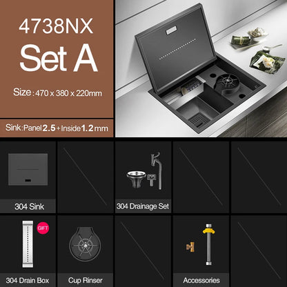 ASRAS Hidden Bar Island kitchen Sink Nanometer SUS 304 Flip Cover Hidden Handmade Small Size kitchen Sinks With Cup Rinser