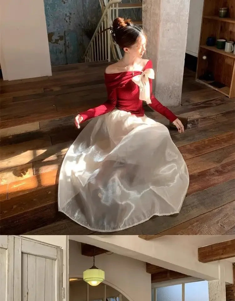 Red One-Shoulder Long-Sleeve Knitted Sweater Women's Spring New Year Slim Fit Short Top Butterfly Knot Decorated Cotton T-shirt.