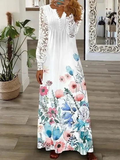 Frühjahr/Sommer Mode frauen Kurzarm Gedruckt Spitze Kleider Elegante frauen Weiß V-ausschnitt Slim Fit Party Lange vestidos.
