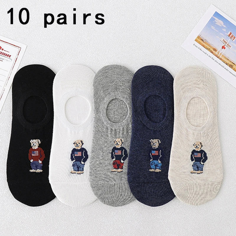 5 Pairs of Super Cute Bear Embroidered Cartoon Bear Boat Socks, Soft and Comfortable, Sweat Wicking and Versatile Short Socks