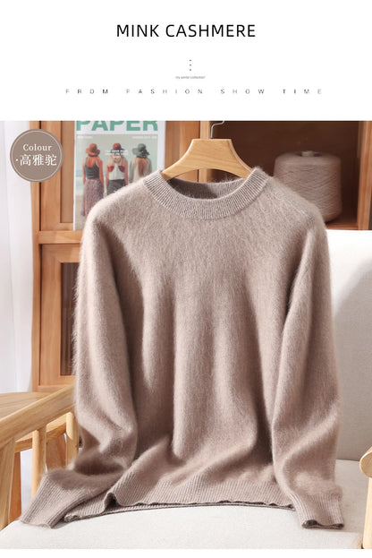 Women's Round-neck Mink Cashmere Sweater Soft Pullover Jumper Comfortable Knitted Top for Autumn Winter Pure Mink Material.