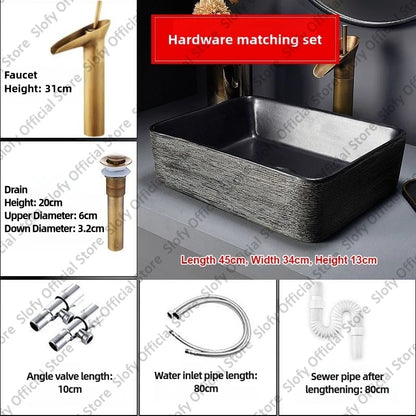 Retro-Kunst-Keramikwaschbecken, mehrere Stile, schwarzes Waschbecken, Einzelschüssel, Low-Key-Luxus-Aufsatzwaschbecken für Haushalt, Hotel, Badezimmer