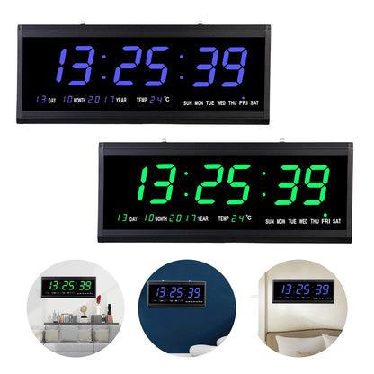 220 V große LED-Digital-Wanduhr, Zeit, Temperatur, Datum, Woche, Anzeige, automatischer Dimmer, leuchtende, leise Tischuhr, Wanduhr, 48 x 19 cm