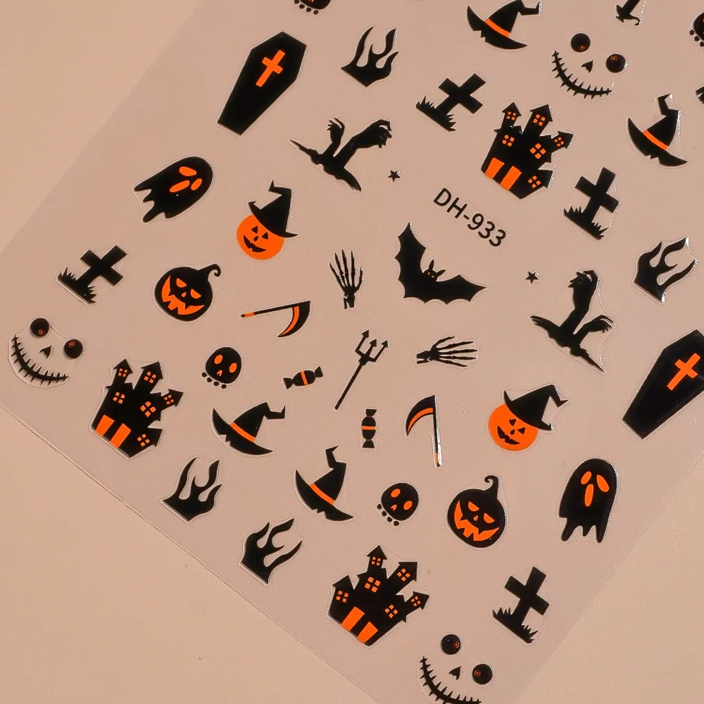 1/5pcs Demon Pumpkin Bat Skull Nail Art Stickers Halloween Dark Style Nail Stickers DIY Self Adhesive Manicure Decoration Decals.