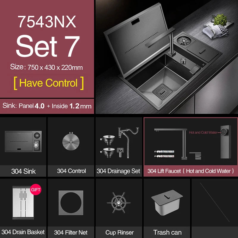 ASRAS Nanometer Hidden Flip Cover kitchen Island Sink 4mm Thickness Handmade Cup Rinser And Trash Can Kitchen Sinks