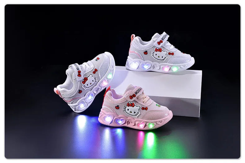 Kids'Casual Shoes Girls Led Light Cartoon PU Leather Fashion Sport Flat Bottom Shoes Breathable White Pink Size 21-30.