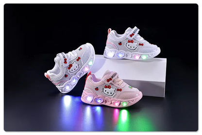 Kids'Casual Shoes Girls Led Light Cartoon PU Leather Fashion Sport Flat Bottom Shoes Breathable White Pink Size 21-30.