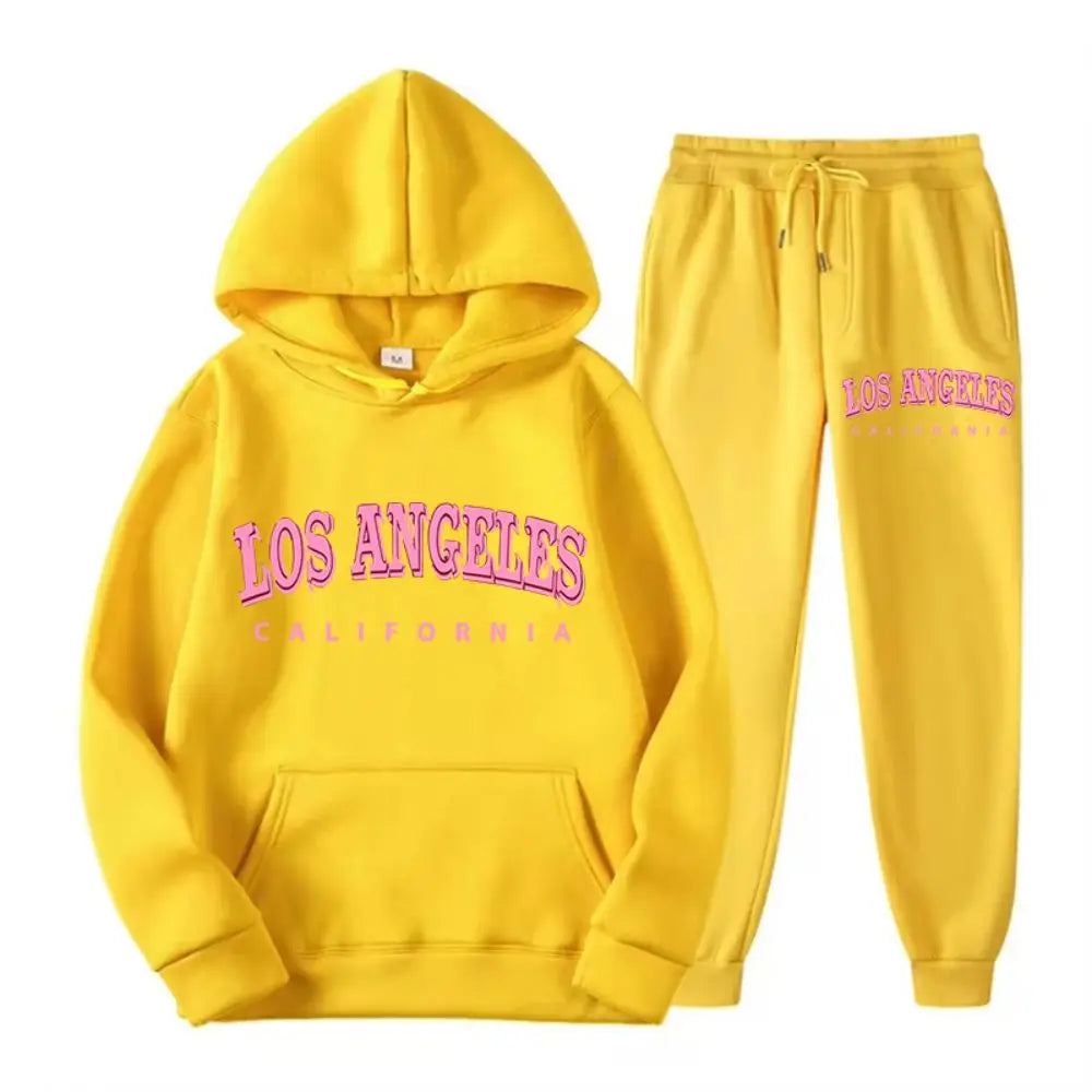 Two Piece Set Street Womens Hoodie & Pants Fleece Pocket Loose Pullover Los Angeles California Print Clothes Fashion Sportswear.