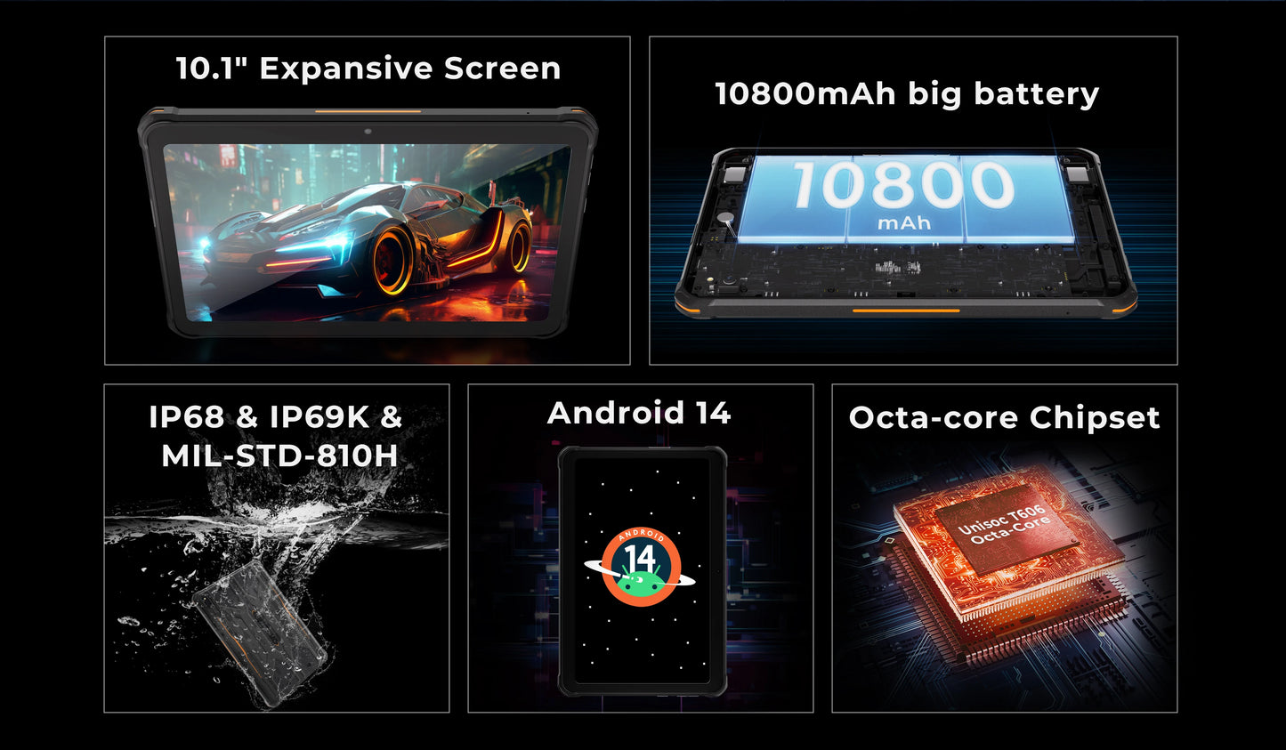 HOTWAV R8 Rugged Tablet 10.1'' HD+ Display 10800mAh Massive Battery Pad Android 14 OS Octa-core 4GB 128GB Tablet PC Global.