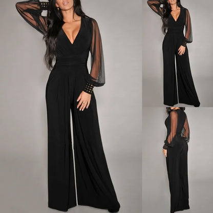 New In Spring Summer Women's Jumpsuit Black V-neck Mesh Splicing Straight One-piece Female Jumpsuit Sexy Streetwear Clothes.
