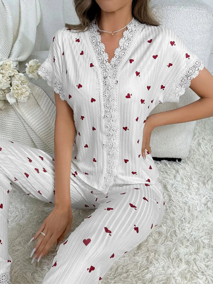 Damen-Pyjama-Set mit Spitzenbesatz, kurzärmliges Oberteil mit Knöpfen vorne und durchgehende Hose, Kirschdruck, 2-teilig, Nachtwäsche, Nachtwäsche, Homewear.