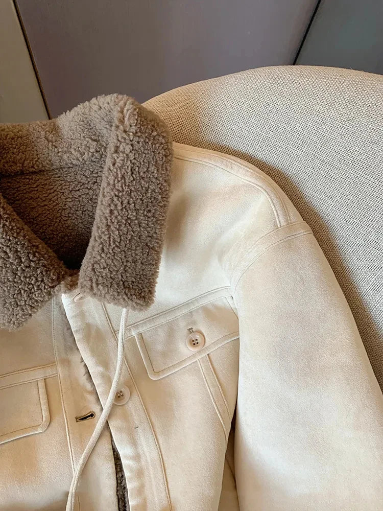 Wildleder Samt Lamm Jacke Frauen Herbst Winter Dicke Warme Turndown Kragen Mantel Y2K Lose Streetwear Alle Spiel Langarm Outwear.