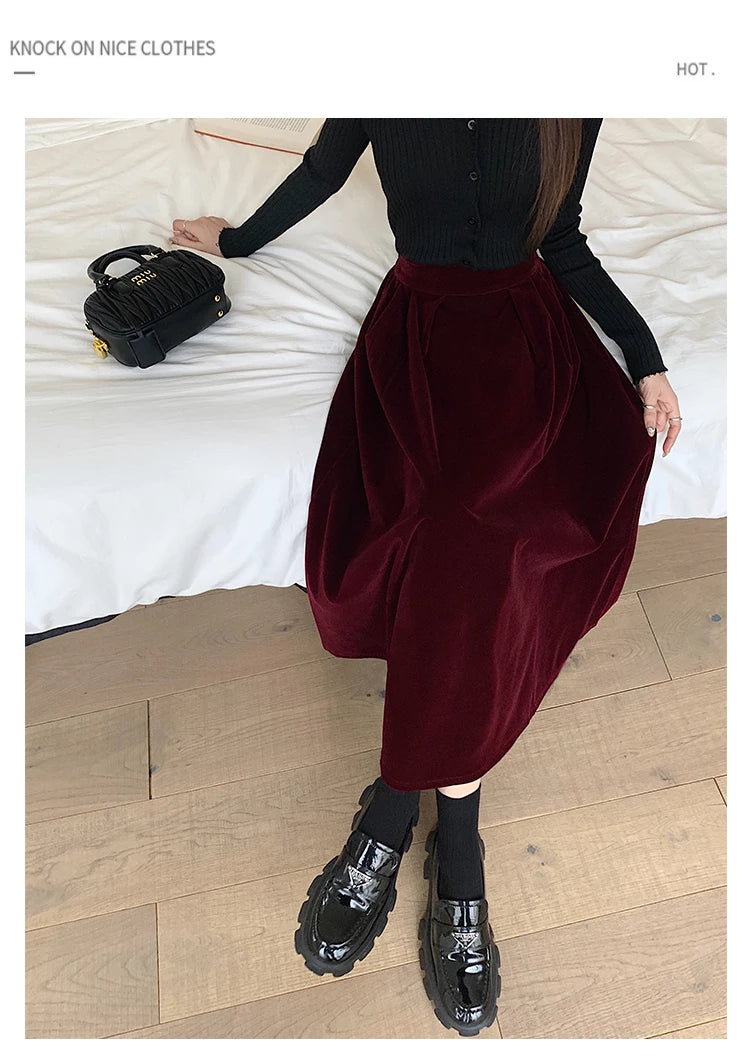 Autumn Winter Warm Vintage Red Elegant Velvet A-line Skirt For Women 2023 High Waist Casual Black Party Pleated Big Swing Skirts.
